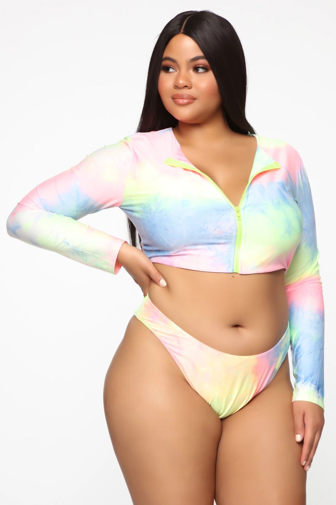 Bikini Long Sleeve Zipper Swimsuit Plus Size - ShopElika