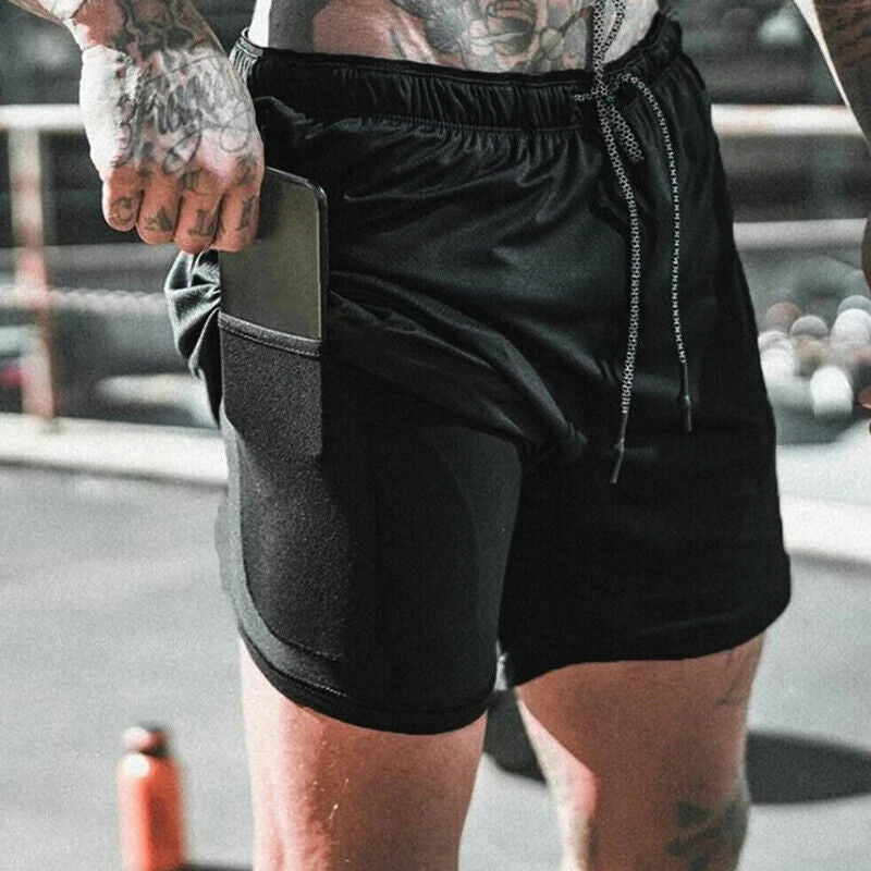 Men’s Double-Layer Sports Running Shorts—With Pocket for Gym & Training - ShopElika