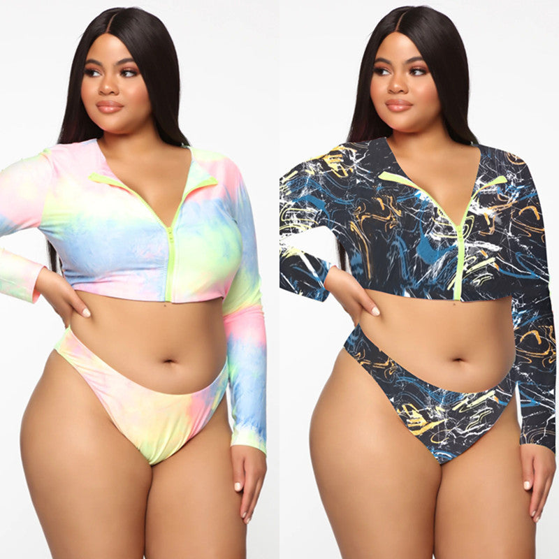 Bikini Long Sleeve Zipper Swimsuit Plus Size - ShopElika