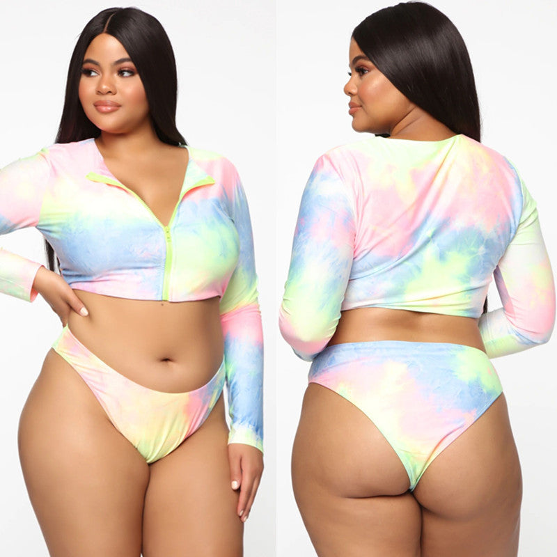 Bikini Long Sleeve Zipper Swimsuit Plus Size - ShopElika