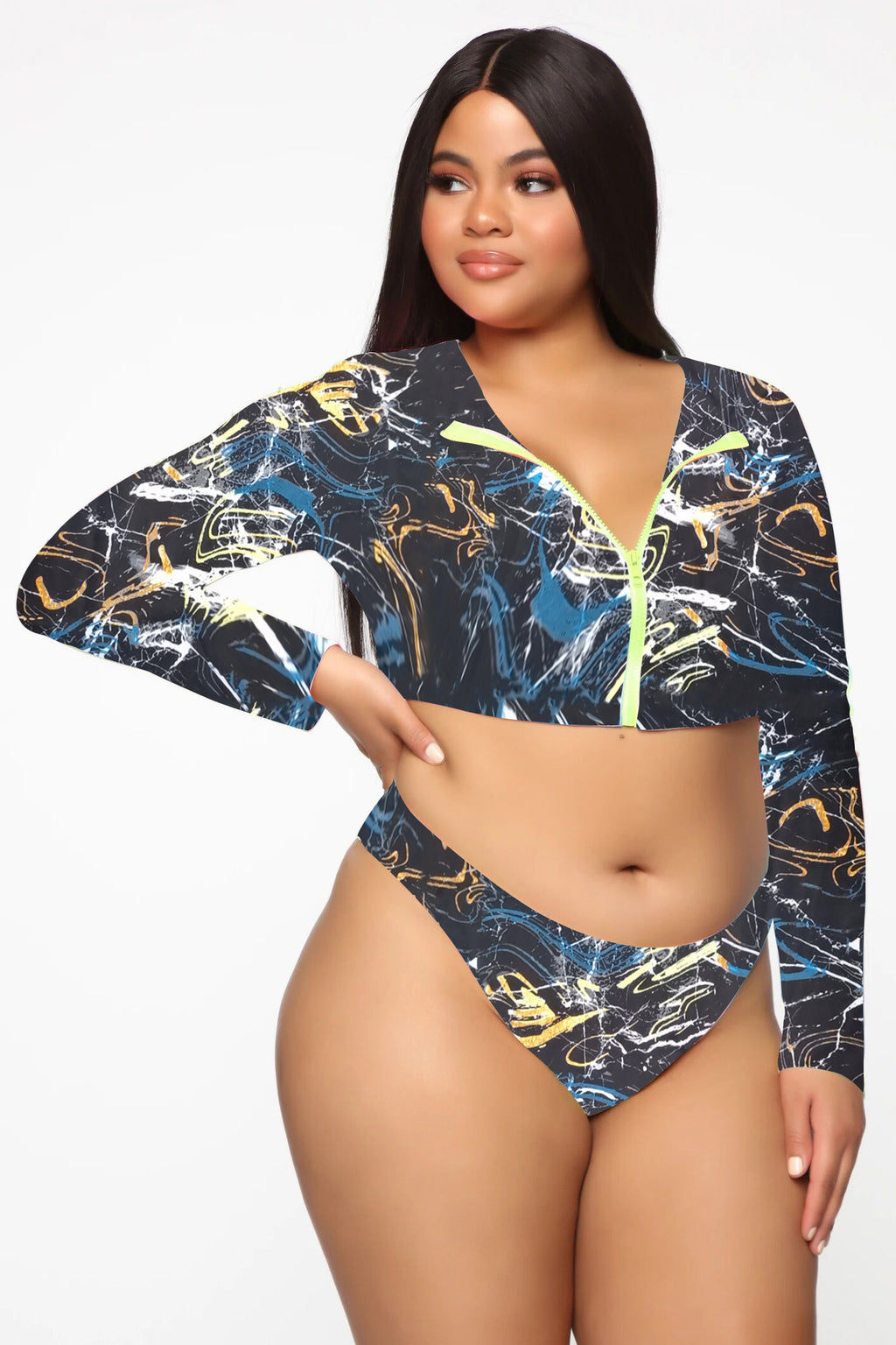 Bikini Long Sleeve Zipper Swimsuit Plus Size - ShopElika