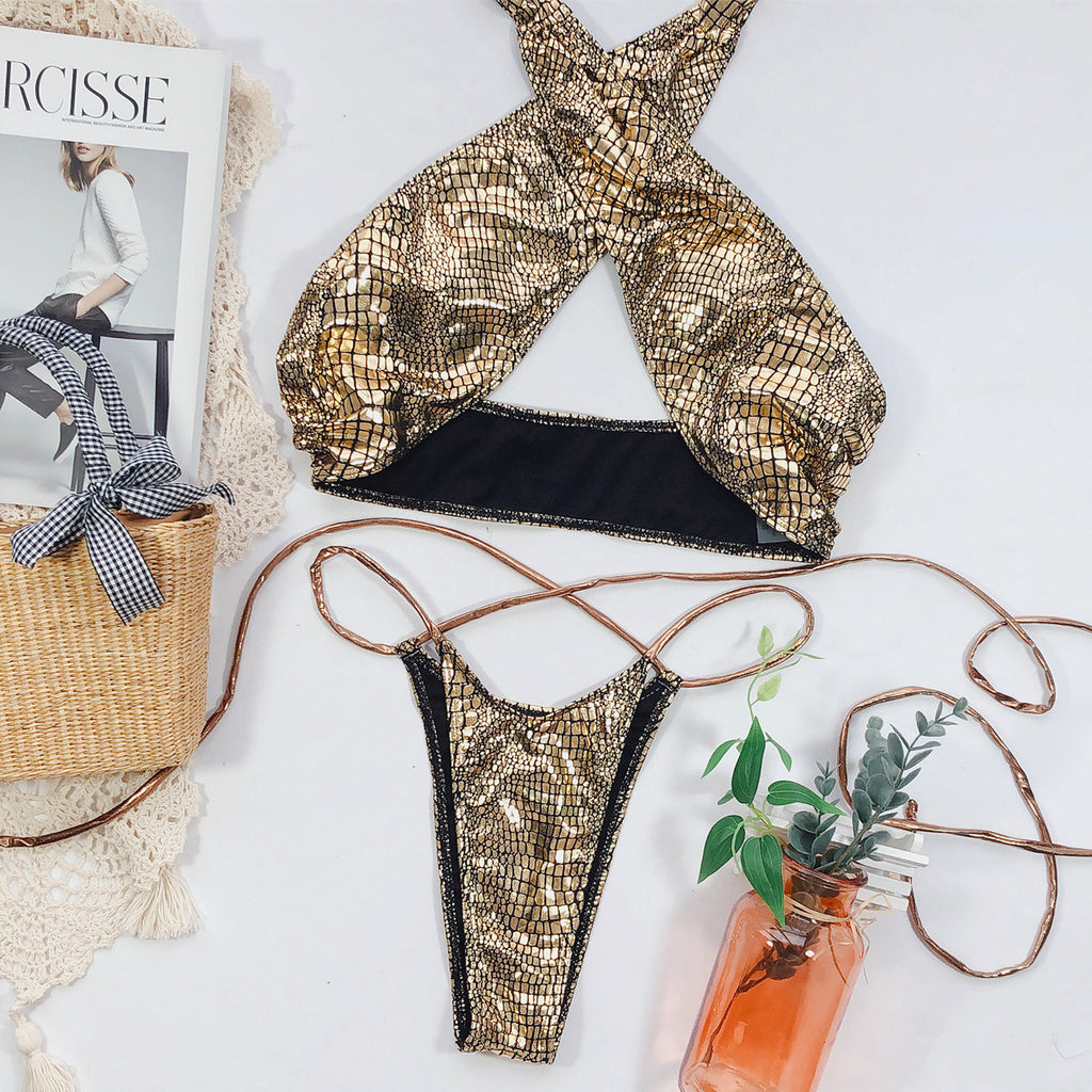 Sexy bikini hot style snake print strappy swimsuit - ShopElika