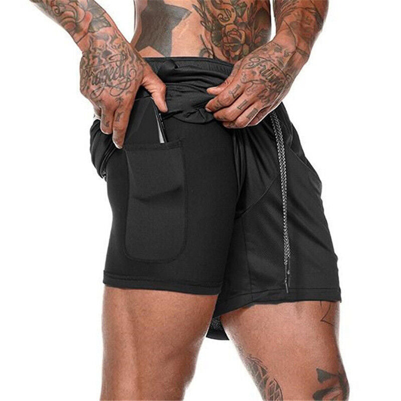 Men’s Double-Layer Sports Running Shorts—With Pocket for Gym & Training - ShopElika